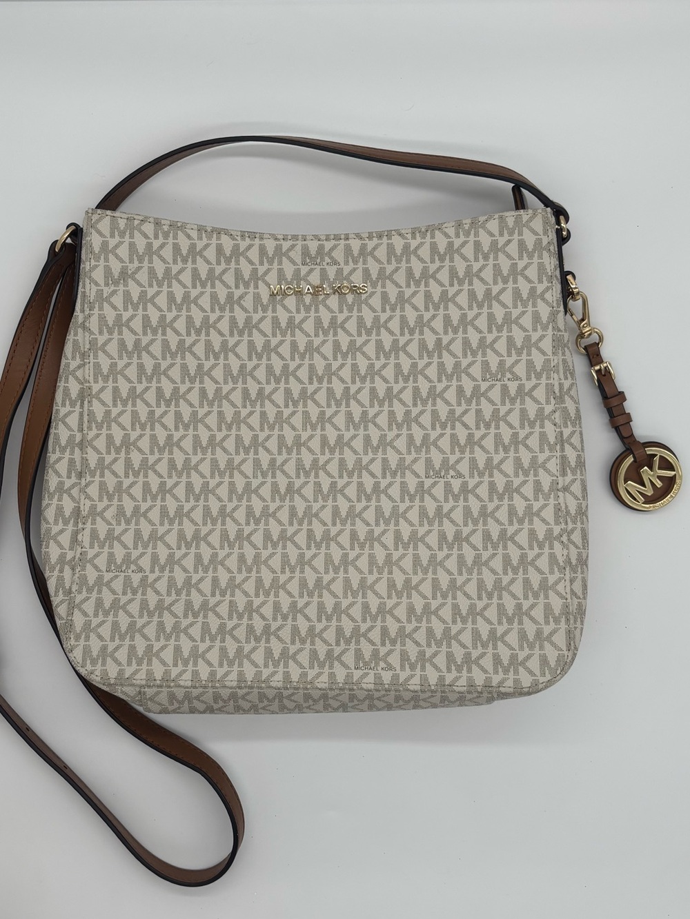Michael Kors Cream Logo Crossbody with Brown Trim
